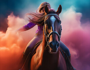 Confident equestrian with long flowing hair is riding her horse through a colorful cloud of smoke