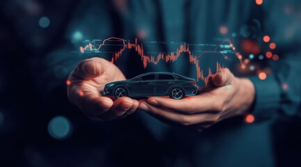 A person holds a miniature car while visualizing financial data in a futuristic concept of automotive investment at night