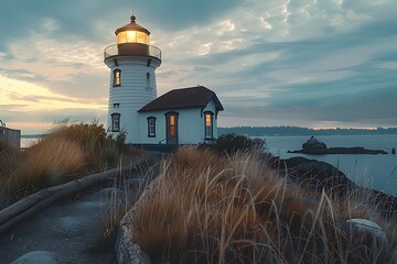 Historic lighthouse on a rocky hill with coastal views