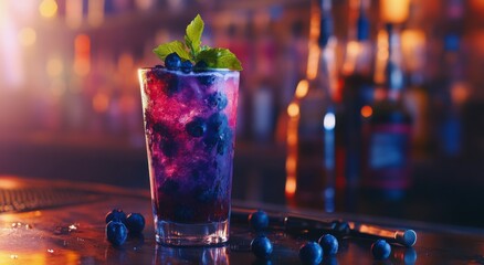 Wall Mural - Vibrant cocktail with blueberries and mint served in a tall glass at a lively bar during the evening