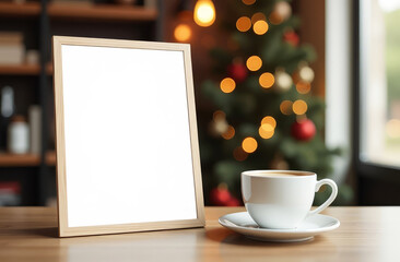 Wall Mural - Mockup of a blank poster and a cup of coffee on a bar counter in a cafe. A Christmas tree is in the background. Christmas and New Year concept.