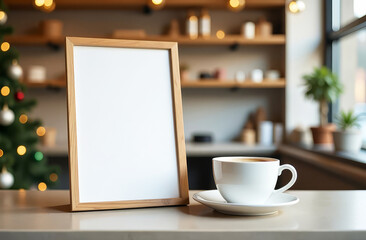 Wall Mural - Close-up. Blank poster mockup and a cup of hot coffee on a bar counter in a cafe. A Christmas tree is in the background. Christmas and New Year concept.