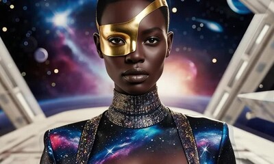 Wall Mural - The model showcases a remarkable outfit adorned with vibrant cosmic patterns, embodying a visionary spirit in a breathtaking, star-filled universe as colors burst around her