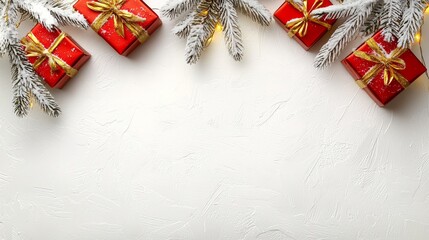 Gifts, ornaments, and evergreen branches decorated for Christmas on a white background