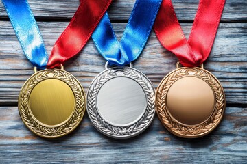 The gold, silver, and bronze demonstration trophy medals with ribbon are useful for school, college, university or national and olympic sport competitions even for organizations