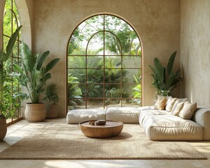 Wall Mural - With a cozy sofa and large windows, this living room design is serene, minimalist, and cozy