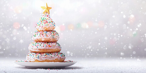 Christmas tree made of stacked donuts with white icing, sprinkles, and a star topper, festive winter dessert concept.