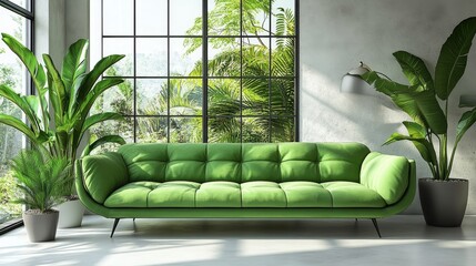 Poster - Green Couch in Modern Minimalist Living Room and Indoor Plants in Sunlit Space