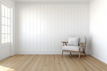 Wall Mural - bright and airy white room with minimalist wooden furniture and large window