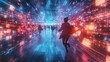© LuvTK - A cyber-themed portal made of glowing blue and purple neon lights, shoppers leaping through into a digital Black Friday world with floating price tags and products,