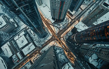 Winter crossroad poster. Aerial shot of lit city streets covered with snow. Top view perspective, megapolis traffic, tall buildings. New York concrete jungle, cinematic, dramatic angle, AI generated