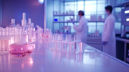 Aufkleber - Two scientists in lab coats collaborate in a well-equipped laboratory filled with glassware and colorful liquids. The environment reflects a contemporary and vibrant atmosphere conducive to research.