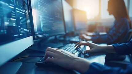 Closeup of Hands Typing Code on a Keyboard with a Computer Screen in the Background