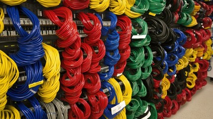 Poster - Colorful Coiled Cables Organized on a Wall
