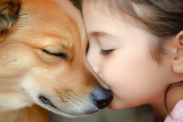 Close-up portrait of a little girl hugging a puppy. A cute small kid is playing with a dog. A sweet child is happy with her pet. A lovely preschool girl takes care of the labrador