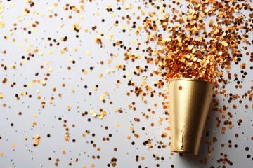 Wall Mural - Top view of golden confetti on white background. Festive, party or holiday glitter backdrop.