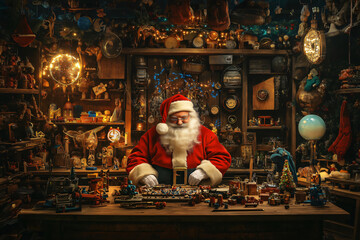 Santa Claus sitting in his workshop surrounded by toys, assembling and checking toys on a wooden desk