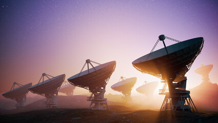 Wall Mural - array of radiotelescopes for astronomical research. 3d rendered illustration.
