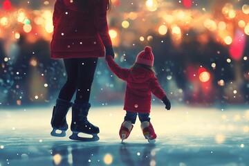 Mother helps her daughter learn to ice skate at an outdoor rink on a snowy evening with festive holiday lights in the background