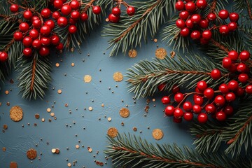 Canvas Print - Christmas flatlay. Spruce branches, red berries on white background with text space