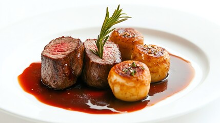 A plated meal of two medallions of meat with roasted potatoes and a rich sauce.