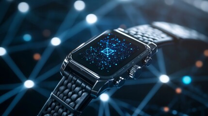 Aufkleber - The sleek smartwatch features a vibrant digital display showcasing a blue geometric pattern. It is positioned against a backdrop of glowing connected nodes, conveying a futuristic technology theme.