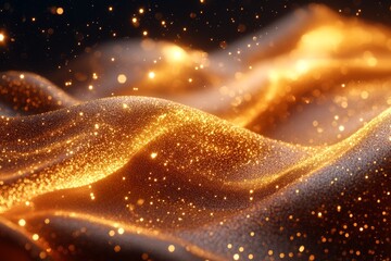 Poster - De-focused abstract gold glitter particles flow with shallow depth of field underwater. Holiday magic shimmering luxury background. Festive sparkles and lights. Abstract gold glitter particles flow