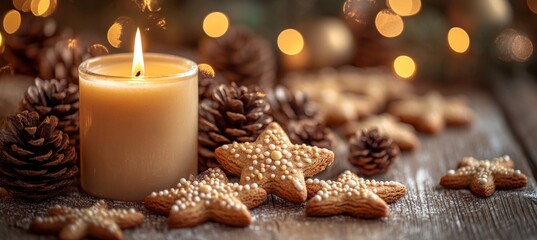 Poster - Christmas candle on rustic wooden board - Wooden boards decorated with twigs, pine cones, and cookies - First Advent Sunday banner, panorama of magic bokeh lights