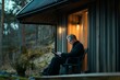 © Gerard - Senior man using tablet on cabin porch at dusk
