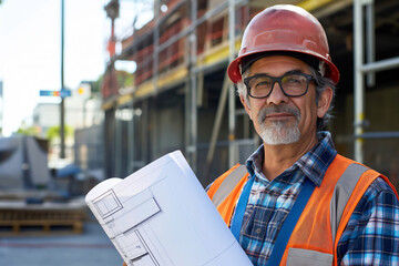 Experienced architect is holding blueprints and wearing a hard hat on a construction site