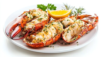 A plate of cooked lobster with lemon and herbs.