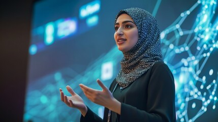Poster - A woman in a hijab engages the audience with a talk about technology trends, highlighting data visuals behind her during a conference. Her gestures emphasize key points as she speaks with confidence.