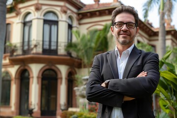 Realtor is posing with arms crossed, proud of selling a beautiful house to a happy family