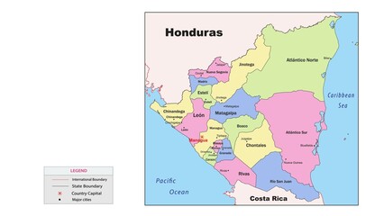  Nicaragua Map. State and union territories of Nicaragua with neighbouring countries. Political map of Nicaragua with capital and important cities in Detailed.
