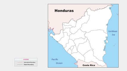  Nicaragua Map. Political map of Nicaragua with state border in outline. Political map of Nicaragua with outline and neighbouring countries.