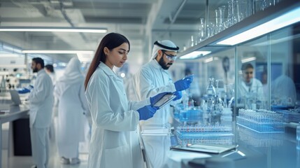 Aufkleber - A group of scientists in lab coats collaborates in a high-tech laboratory, focusing on experiments with glassware and advanced instruments while wearing gloves for safety.