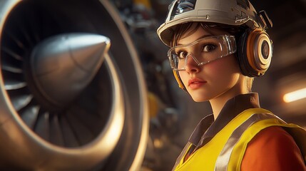 Canvas Print - Professional Heavy Industry Engineer / Worker Wearing a Safety Uniform, Goggles and Hard Hat. In the Background, an unfocused large industrial factory with welding sparks flying.