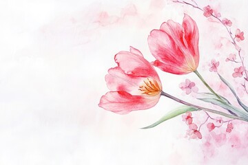 Wall Mural - Delicate Sakura Blossom Bouquet Watercolor Illustration, Spring Celebration Greeting Card Design