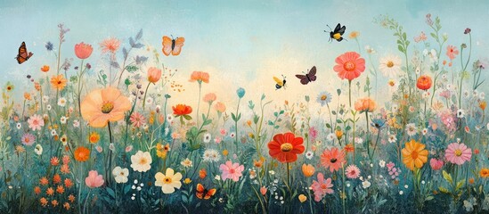 Colorful wildflower meadow with butterflies and a soft blue sky.