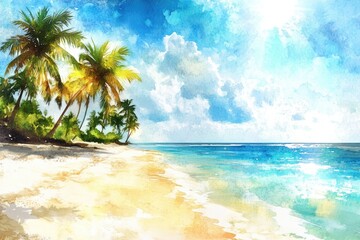 Idyllic Tropical Beach. Watercolor Illustration of Paradise Beach with Palm Trees and Clear Blue Water