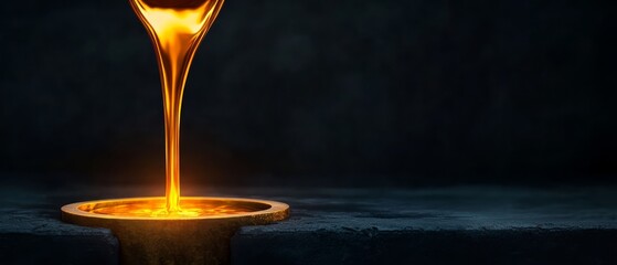 A warm golden liquid cascades into a bowl, set against a dark background, creating an intriguing visual contrast.