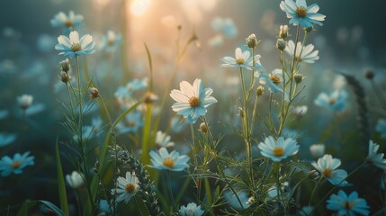 Poster - Beautiful wildflowers blooming in a sunlit forest during spring morning hours