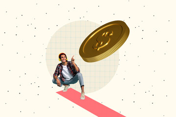 Sticker - Creative collage picture young man showing point finger gesture golden coin dollar money finance economy profit trader investor