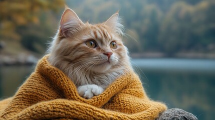 A Turkish Van cat wrapped in a wool poncho.