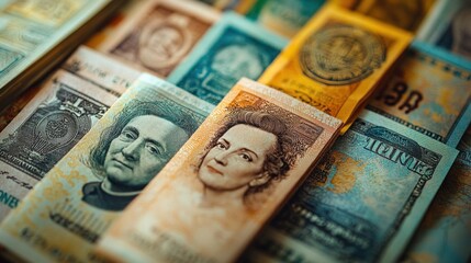 Display of Various Currencies Representing Global Commerce and Promotional Strategies