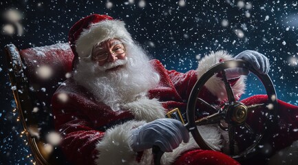 Wall Mural - Santa Claus sits in the driver's seat, holding the steering wheel as snow falls around him. The scene is illuminated with dramatic lighting, creating an atmosphere of magic and wonder at Christmas.