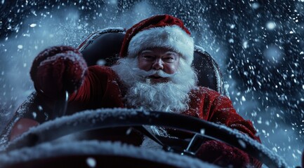 Wall Mural - A cinematic Santa Claus rides his sleigh through the snow, looking straight into the camera and placing his hands on the steering wheel.