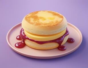 A scone with butter and jam on a pink plate, 3D illustration