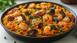 © CreativeIMGIdeas - Spanish paella, saffron rice with seafood, isolated on white background, traditional Spanish dish, vibrant colors, simple presentation