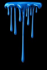 Blue glossy paint dripping down on a black background